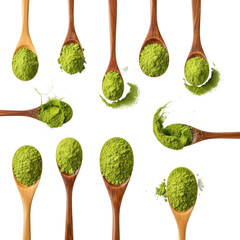 A dynamic composition of wooden spoons holding bright green matcha powder, with some powder splashing, highlighting its fine texture and rich color.