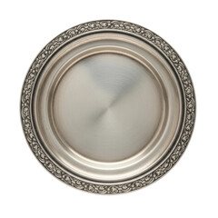 An elegant round silver plate featuring a beautifully embossed floral and scrollwork border, perfect for formal dining or decorative display.