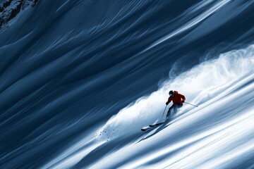A skier gracefully carves through pristine snow. The contrasting colors create a captivating visual. Experience the thrill of winter sports. Generative AI