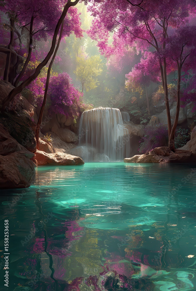 Poster serene waterfall surrounded by lush pink trees reflecting in tranquil pool under soft sunlight in en