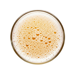 Overhead shot of a glass of golden beer, showcasing its frothy white head and many effervescent bubbles. Ideal for beverage, party, or refreshment themes.