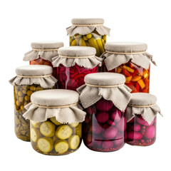 A collection of glass jars filled with various homemade pickled vegetables, including cucumbers, olives, and beets, topped with rustic fabric covers.