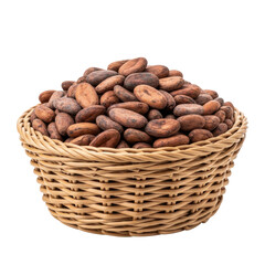 Raw cocoa beans are neatly piled in a natural wicker basket, showcasing their rich brown color and texture, ideal for food and beverage themes.