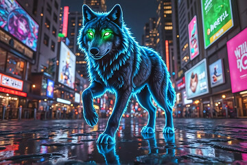 Blue neon wolf with glowing blue stripes runs through a dark and futuristic cityscape. Noen wolf in futuristic city