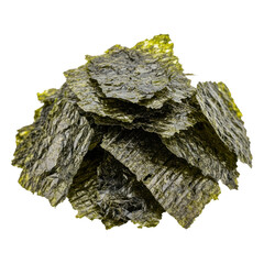 A pile of dark green, crispy roasted seaweed snack pieces. Perfect for healthy snacking, garnishing asian dishes, or as an ingredient.