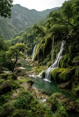 Obraz premium Serene Waterfalls Cascading Down Lush Green Cliffs in Majestic Mountain Landscape Surrounded by Tranquil River and Vibrant Flora