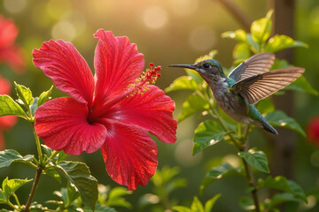 Close-up Hummingbird feeding on red hibiscus in the morning. soft light, side view