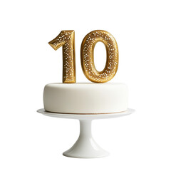 3D golden number 10 on top of a cake, isolated on a transparent background