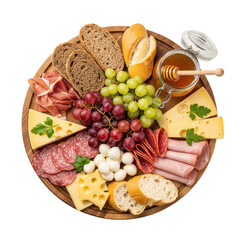 An appetizing charcuterie and cheese board featuring a selection of meats, cheeses, grapes, honey, and bread, ideal for parties and gatherings.