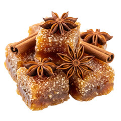 A close up of sweet, sugar dusted confectionery cubes, beautifully adorned with fragrant star anise pods and warm cinnamon sticks, perfect for festive or dessert themes.