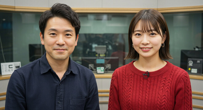 Radio Show Hosts in Studio, Podcast Recording Session, Male and Female Announcers