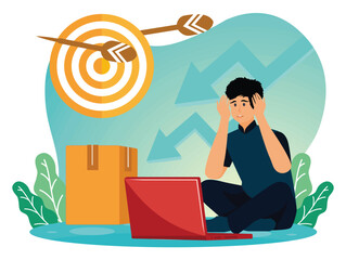 Frustration metaphors concept. Frustrated Man with Laptop Targeting Goals and Missing Opportunities.