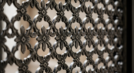 Detailed close-up of an ornate and decorative black wrought iron fence pattern