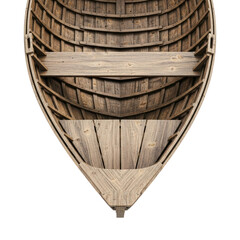 Overhead view of a rustic wooden boat interior, highlighting its weathered planks and traditional construction. Ideal for nautical or heritage themes.
