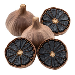 A close up view of whole and halved black garlic bulbs, revealing their distinctive dark, soft cloves. Ideal for culinary, health, or gourmet food content.