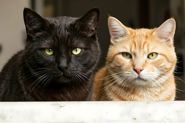 Close-Up Portrait of Black and Ginger Cat Pair with Yellow Eyes on Marble Ledge. Black and ginger cat pair Staring at camera with curious expressions. 