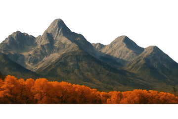 Mountain peaks towering above fiery orange autumn foliage, creating dramatic landscape silhouette with transparent backdrop