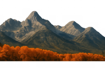 Mountain peaks towering above fiery orange autumn foliage, creating dramatic landscape silhouette with transparent backdrop