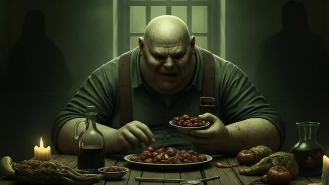Dark Fantasy Illustration A Gluttonous Man Indulges in a Mysterious Meal