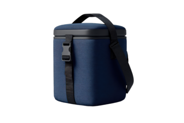 Dark navy blue, square, insulated bag with shoulder strap and buckle