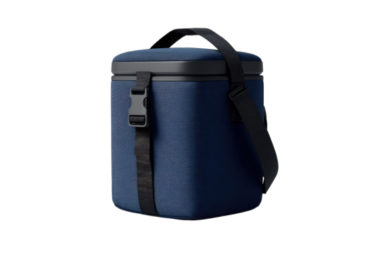 Dark navy blue, square, insulated bag with shoulder strap and buckle