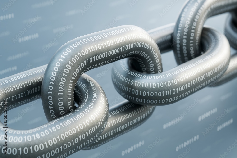 Aufkleber Close-up of metallic chain links with binary code representing blockchain technology concept on a light digital background. Ai generative.