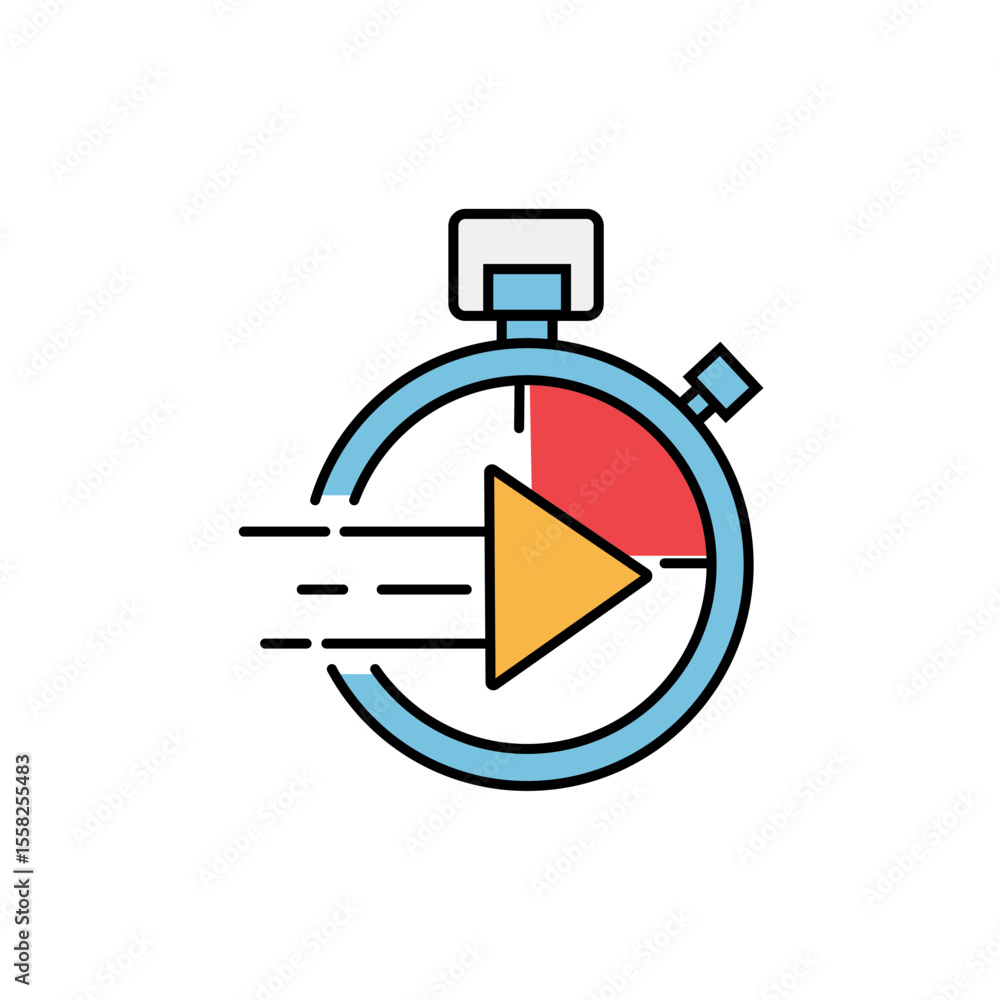 Poster a stopwatch icon with a play button and speed lines, suggesting fast-forward, quick timing, or accel