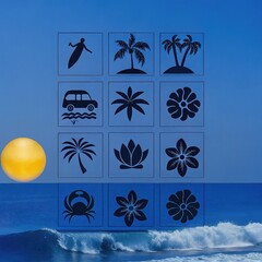 Obraz premium Vintage Tropical Adventure Icons – Surf, Beach, and Nature Elements Set, Tropical Travel Collage with Surf, Ocean, and Beach Icons , Black and White Tropical Beach Scene – Surf, Palm Trees, and Wildli