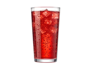 Tall clear glass of red sparkling drink with ice cubes and bubbles, isolated on transparent background for beverage design