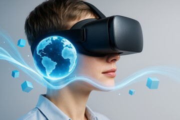 Woman using virtual reality headset with glowing Earth hologram and digital tech elements on light background, symbolizing global connectivity in tech..