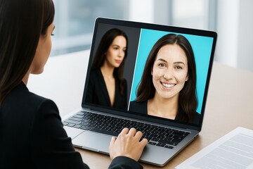 Woman analyzing facial recognition software on laptop with biometric scan interface in tech office setting on bright background. Ai generative.