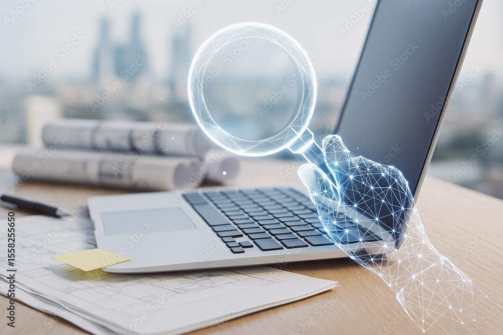 Poster futuristic digital hand with magnifying glass examining laptop on office desk with blueprints and so