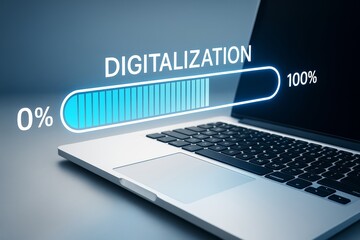 Digital transformation concept with progress bar showing data transfer on laptop screen, symbolizing technology evolution and innovation..