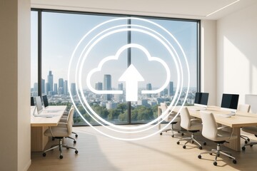 Cloud data upload symbol over bright modern office interior with large windows and city view in background, representing cloud business technology concept.