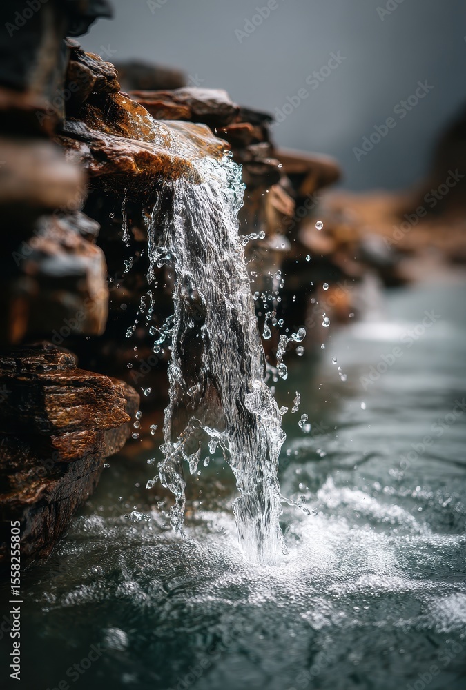 Poster tranquil flow of water cascading over rocks in a serene natural environment with droplets sparkling 