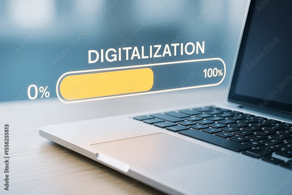 Aufkleber Digitalization progress bar concept displayed above laptop keyboard on light tech background representing transformation and innovation process.