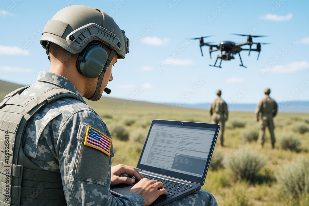 Poster soldier operating drone surveillance system using laptop in open field with military personnel and t