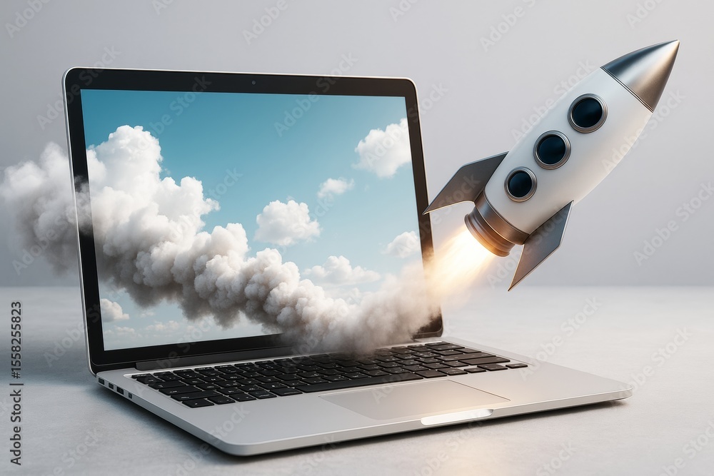 Poster Rocket launching from laptop screen with cloud trail symbolizing startup technology and digital innovation on light background. Ai generative.