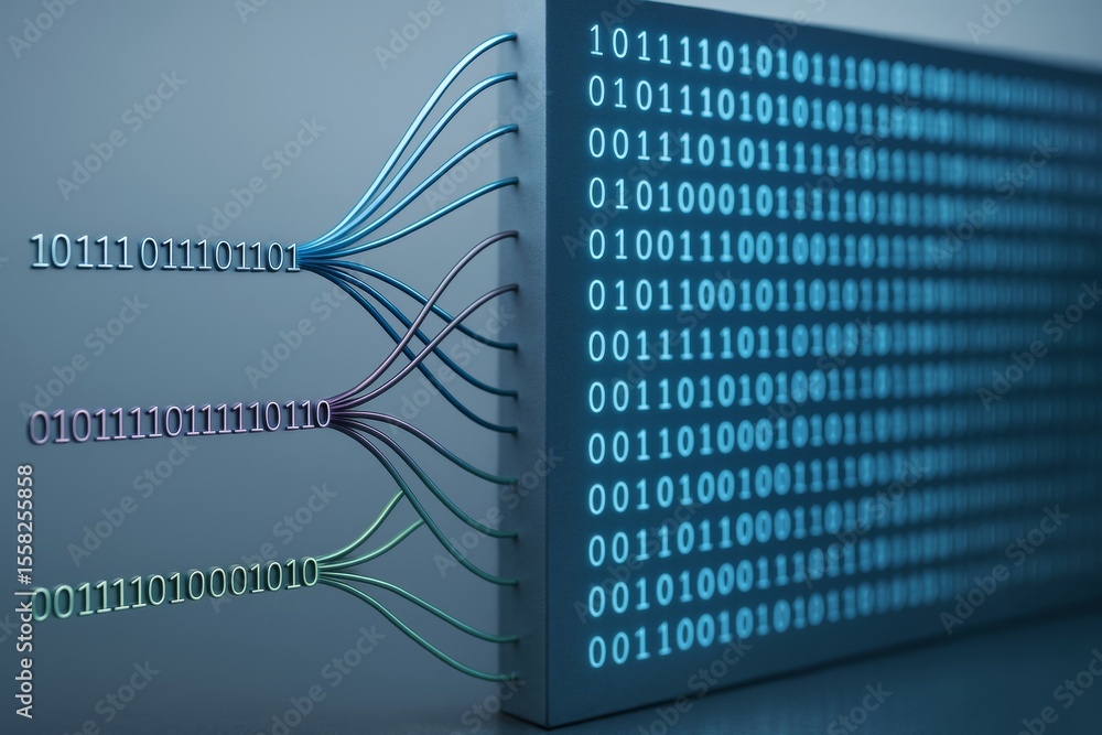 Poster Binary data stream flowing into a digital interface with glowing blue code on a dark tech background, illustrating data processing technology concept.