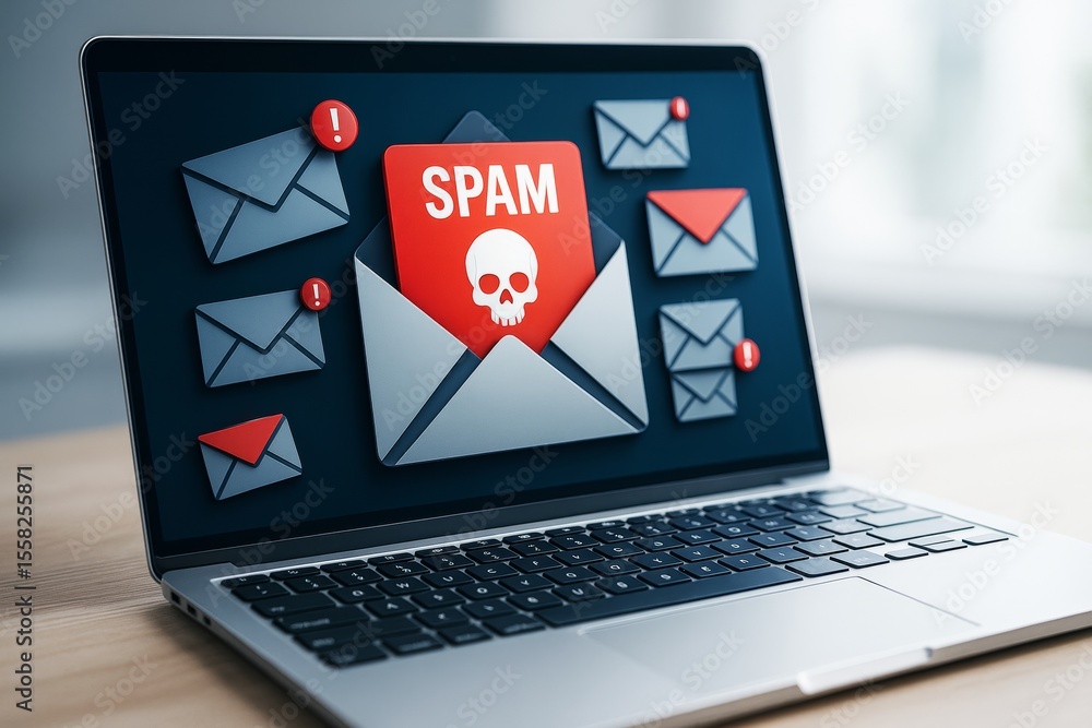 Poster Cybersecurity warning about spam emails on laptop screen with malicious content alert in modern tech environment on desk setup background.