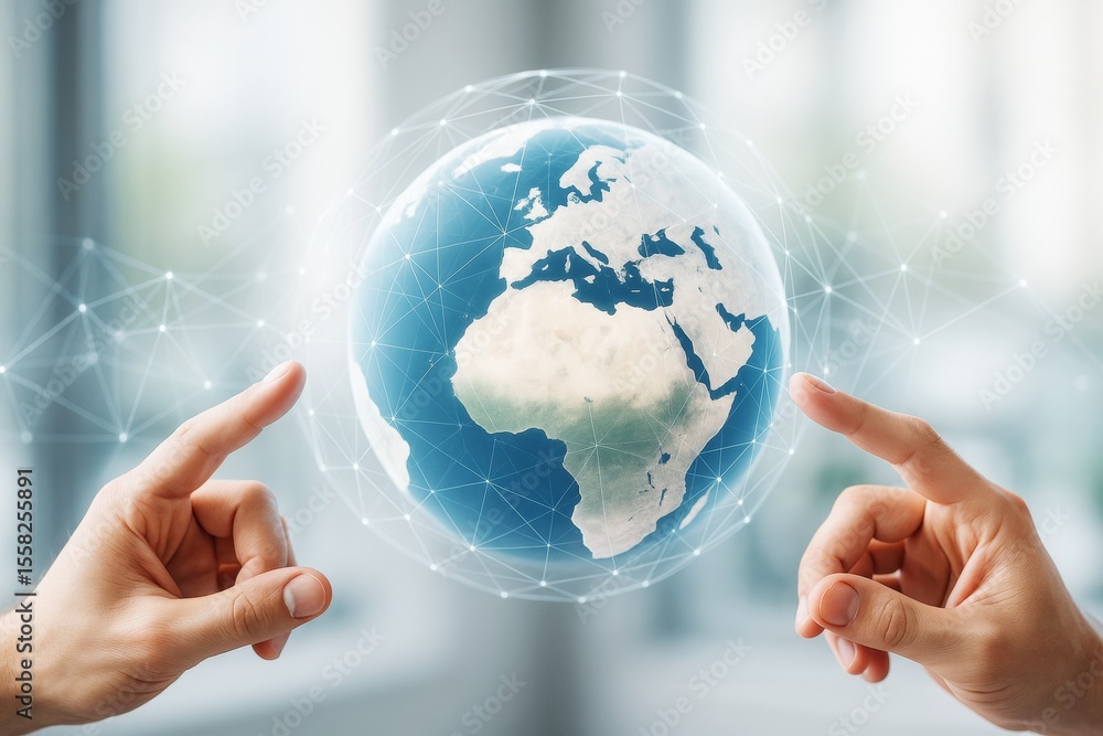 Poster Hands interacting with digital globe surrounded by network connections, symbolizing global business and technology concept on light background.