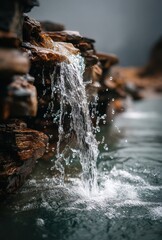 Tranquil Flow of Water Cascading Over Rocks in a Serene Natural Environment with Droplets Sparkling in a Soft Light Atmosphere