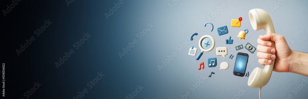 Poster hand holding retro phone handset with colorful digital communication icons floating on light blue ba