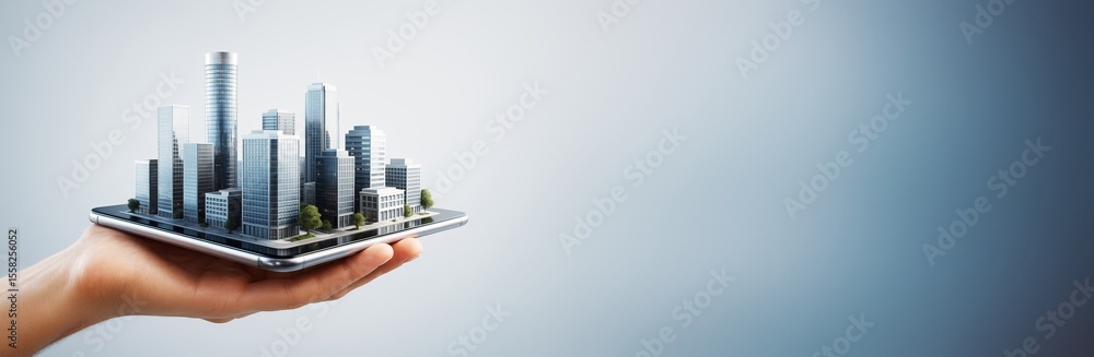 Aufkleber futuristic smart city model displayed on a digital tablet held in a hand against a clean blue gradie