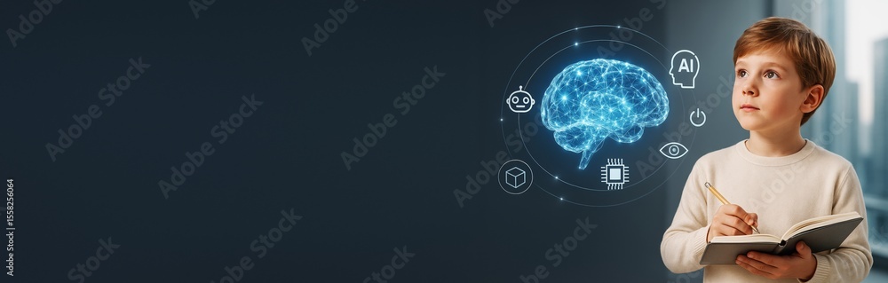 Poster Child learning artificial intelligence concept with digital brain and tech icons on dark background for education or technology promotion template.