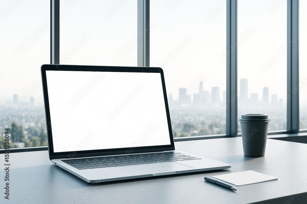 Poster laptop with blank white screen on office desk with city skyline background, coffee cup and notepad i