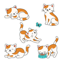 Set of Cute Cartoon Kitten in Different Poses Vector Illustration