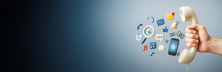 Hand holding retro phone handset with colorful digital communication icons floating on light blue background, symbolizing modern tech and connectivity.