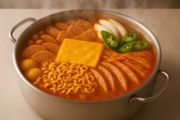 Korean Army Stew with Sausage, Ramen, Cheese and Vegetables – AI generated illustration of budae jjigae hot pot featuring sliced sausage, noodles, kimchi, rice cake, green chili, and American cheese i