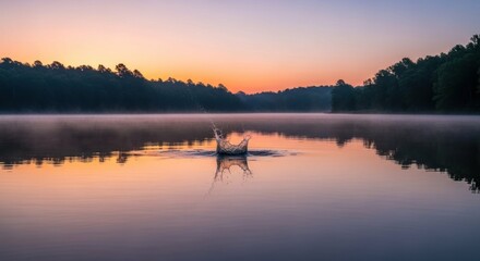 Obraz premium Water splash on lake at peaceful, serene sunrise nature background